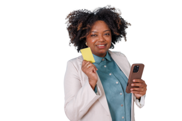 Black woman conducting online shopping with smartphone and credit card, managing finance and making secure payment on transparent background