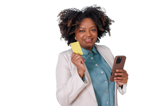 Black woman conducting online shopping with smartphone and credit card, managing finance and making secure payment on transparent background - Powered by Adobe