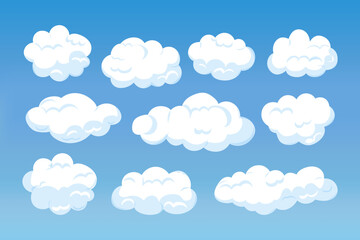 Fototapeta premium Fluffy white clouds isolated on blue sky background. Flat cloudscape elements, weather and nature elements. Vector illustration set.
