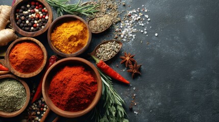 Various spices are arranged in wooden bowls on a dark surface. Dried herbs and chili peppers are included among the spices for cooking and flavoring food.