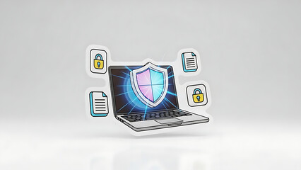 Cyber security sticker illustration featuring a laptop with a glowing shield and data protection icons