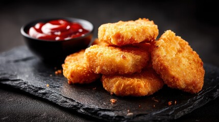 Crispy chicken nuggets are stacked on a black slate plate next to a small bowl of red ketchup. The setting is simple and focuses on the food. A light shines on the nuggets.