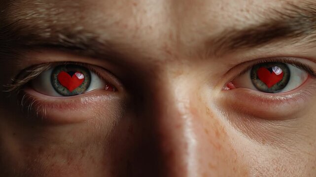 Close-up of a young man&rsquo;s face, his captivating eyes glowing with red hearts, expressing deep emotion and intensity.