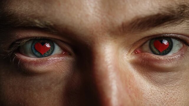 Close-up of a young man&rsquo;s face, his captivating eyes glowing with red hearts, expressing deep emotion and intensity.