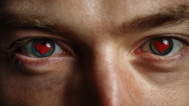 Close-up of a young man&rsquo;s face, his captivating eyes glowing with red hearts, expressing deep emotion and intensity.