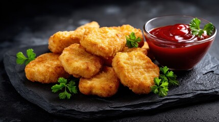 Several crispy chicken nuggets are arranged on a black stone plate. A small bowl of ketchup sits nearby. Fresh herbs add color to the dish. The setting is bright and inviting.