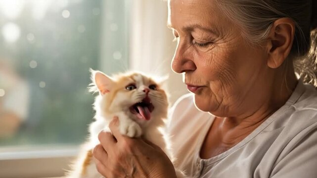 Senior woman holding an anxious Persian kitten overheating in heatwave