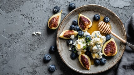 Figs and blueberries are arranged on a plate with cheese and honey. This dish is presented on a textured surface. It looks perfect for a meal or snack at any time.