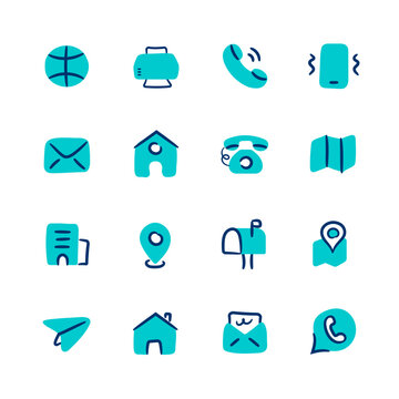Hand drawn contact cartoon illustration. Contact Us doodle vector icons.