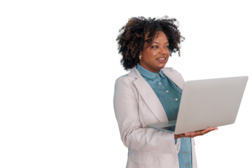 Black businesswoman holding a laptop and smiling, reflecting competence and modern entrepreneurship on a transparent background