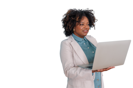 Black businesswoman holding a laptop and smiling, reflecting competence and modern entrepreneurship on a transparent background - Powered by Adobe