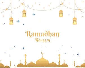 A serene and elegant Ramadhan Kareem greeting card design featuring golden mosque silhouettes, decorative hanging lanterns, and subtle blue accents, perfect for festive holy month celebrations