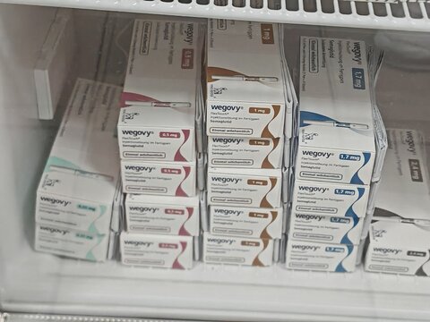 Prague,Czech Republic-23.01.2026: Wegovy medicine containing active substance semaglutide produced by Novo Nordisk, administered as prefilled injection pen for chronic weight management in adults