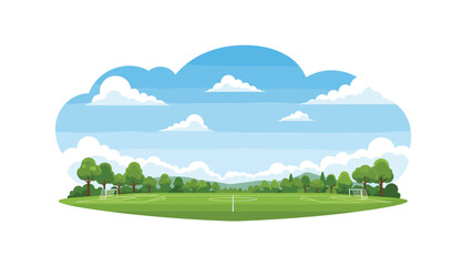 Fototapeta premium Expansive cartoon landscape featuring a lush green football or soccer field with goalposts, surrounded by verdant trees and a bright blue sky with fluffy clouds, perfect for sports themes.