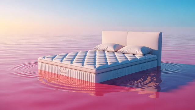 Serene bed floating on calm water with vibrant sunset