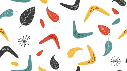 Obraz premium A mid-century modern seamless pattern with boomerangs, leaves, and sputnik elements