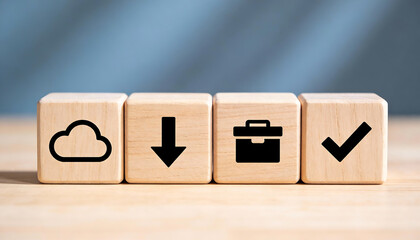 Wooden blocks with cloud download briefcase and check icons representing cloud storage file transfer business data backup and verified service concept