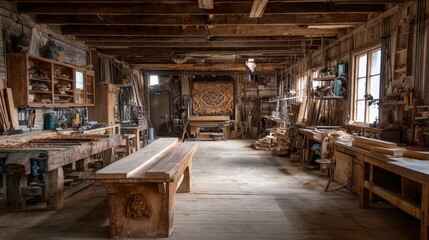 The woodworking shop has various tools and wood projects arranged neatly. Sunlight enters through the windows highlighting the wooden surface and shelves filled with materials.