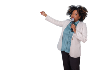 Black speaker pointing and talking at event, woman holding microphone presenting business strategy, transparent background