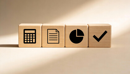Wooden blocks with calculator document pie chart and checkmark icons representing financial analysis accounting reporting budgeting data analytics and approved business results concept