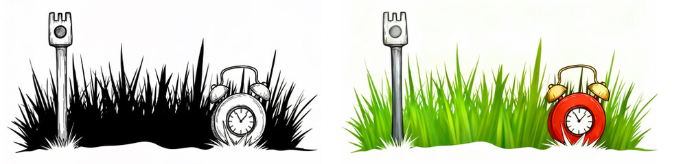 Vector Illustration Of Alarm Clock In Grass With Golf Club For Time Management And Golf Concept