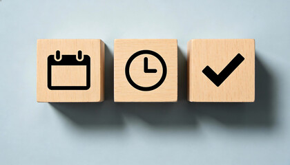 Wooden cubes with calendar clock and checkmark icons representing scheduling time management deadline reminder appointment planning and verified completed tasks concept