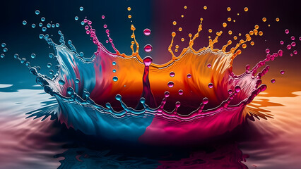 A vibrant splash of multicolored liquid creating a dynamic crown effect against a dark background