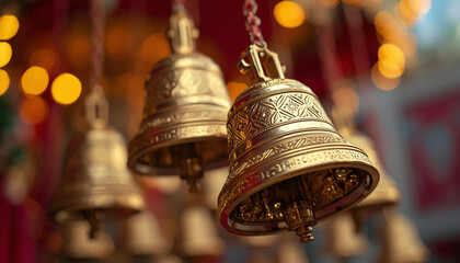 Intricately designed golden bells hanging in a row with blurred background