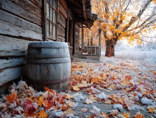Rustic wooden barrel by cabin surrounded by autumn leaves  