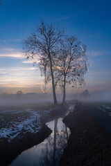 silhouette of trees in winter landscape with narrow creek with ground fog and blue sky in evening light