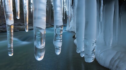 Delicate icicles hang from a cliff edge above a serene river in a winter landscape with varying ice transparency and texture.