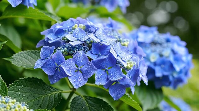 Vibrant Blue Hydrangea Flowers Blooming in a Lush Green Garden on a Sunny Day.