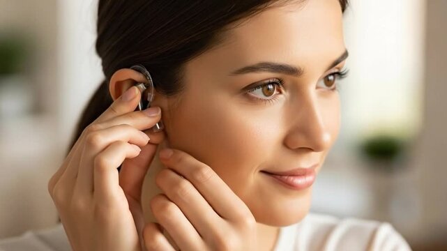 Young Woman Adjusting Modern Hearing Aid Device