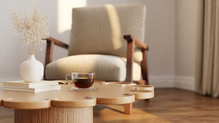 Coffee cup with books and vase on wooden table and chair with sunlight through window in living room 
