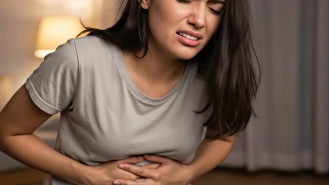Young woman clutching her abdomen in severe pain due to stomach ache