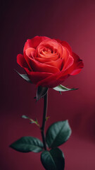 Fototapeta premium Red rose on a tall stem against a deep red background evokes romance and elegance 