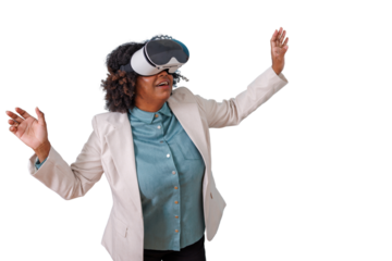 Black woman wearing virtual reality headset experiencing metaverse simulation, enjoying immersive future technology on transparent background