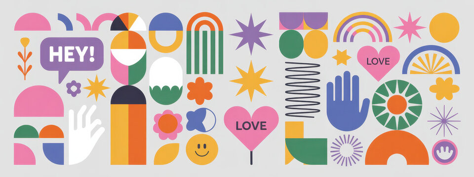 Abstract geometric shapes set vector illustration. Graphic design elements with retro line, simple form, figure, arch, flower, smiley and hand. Trendy cartoon flat stickers, brutal aesthetic