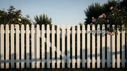 Fototapeta premium White wooden picket fence with flowers and greenery.