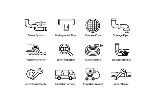 Icons illustrating sewer system components and maintenance tools