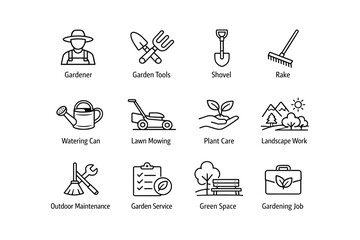 Outline icons of gardening tools and services for outdoor maintenance