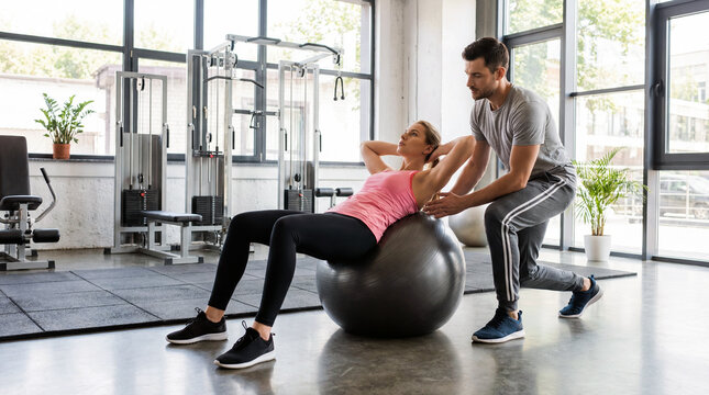 Personal trainer helping young woman doing sit ups on fitness ball in modern gym interior