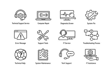Technical support and it services icons: computer repair, diagnostics, troubleshooting, and system maintenance
