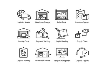 Logistics and supply chain icons: services, storage, and management