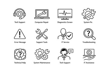 Icons of tech support and computer repair tools for it assistance