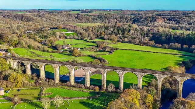A rotating aerial view of the cefn viaduct near Chirk, Wales