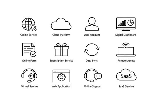 Technology icons: cloud, user accounts, data sync, saas, remote access