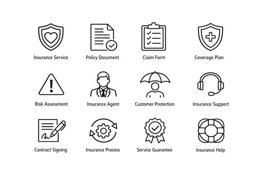 Insurance service icons: policy document, claim form, coverage plan, support