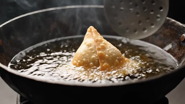 Samosa Deep Frying in Hot Oil in Wok