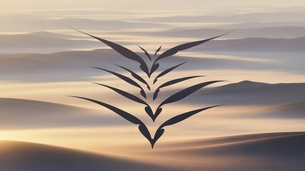 Serene desert landscape featuring a tranquil plant silhouette against a warm, layered backdrop of sandy dunes at sunset, creating a sense of peaceful ambiance.